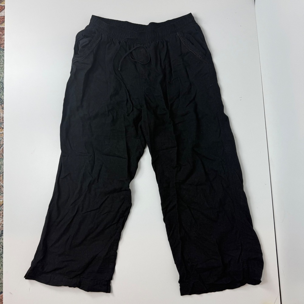 Womens Black Linen Blend Wide Leg Cropped Pants Elastic Drawstring Waist Pockets